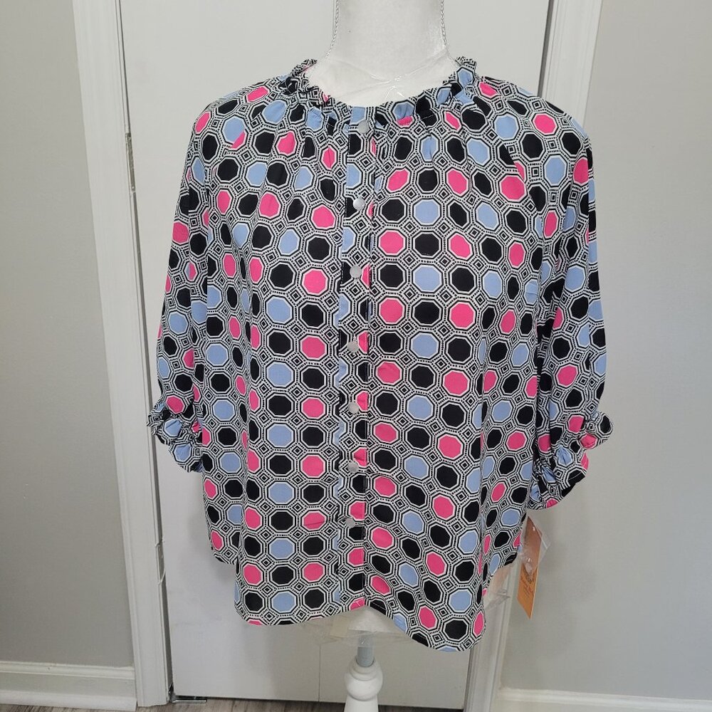 Ruby Rd Oh Happy Day Button Front Ruffled Neck Blouse